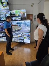 The city policeman shows the monitoring of the current traffic situation